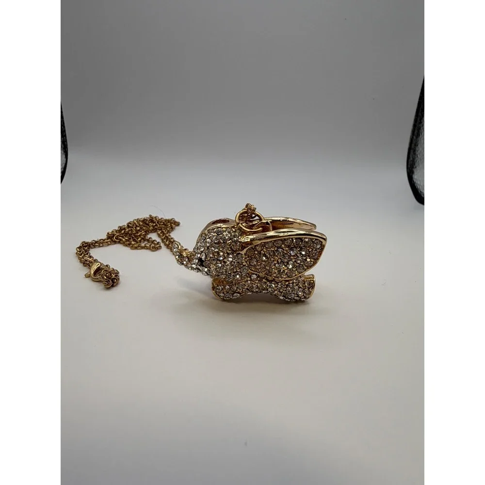 Sparkling Elephant Pendant Necklace Gold Tone Rhinestone Charm Statement Jewelry